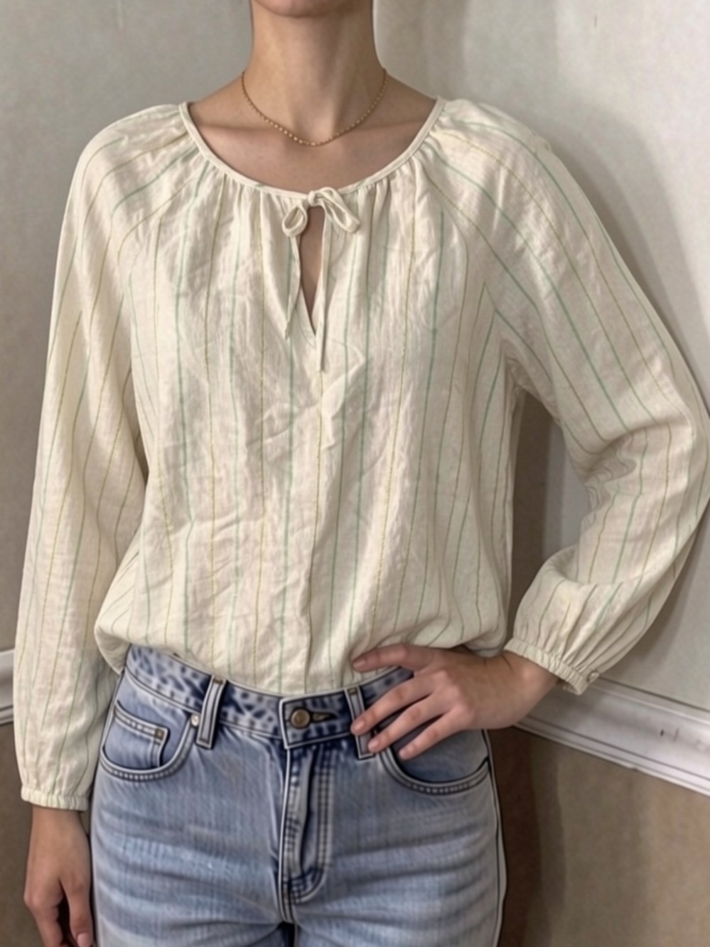 💜 5 for $20! Light Cream Striped Peasant Blouse with Tie Neck